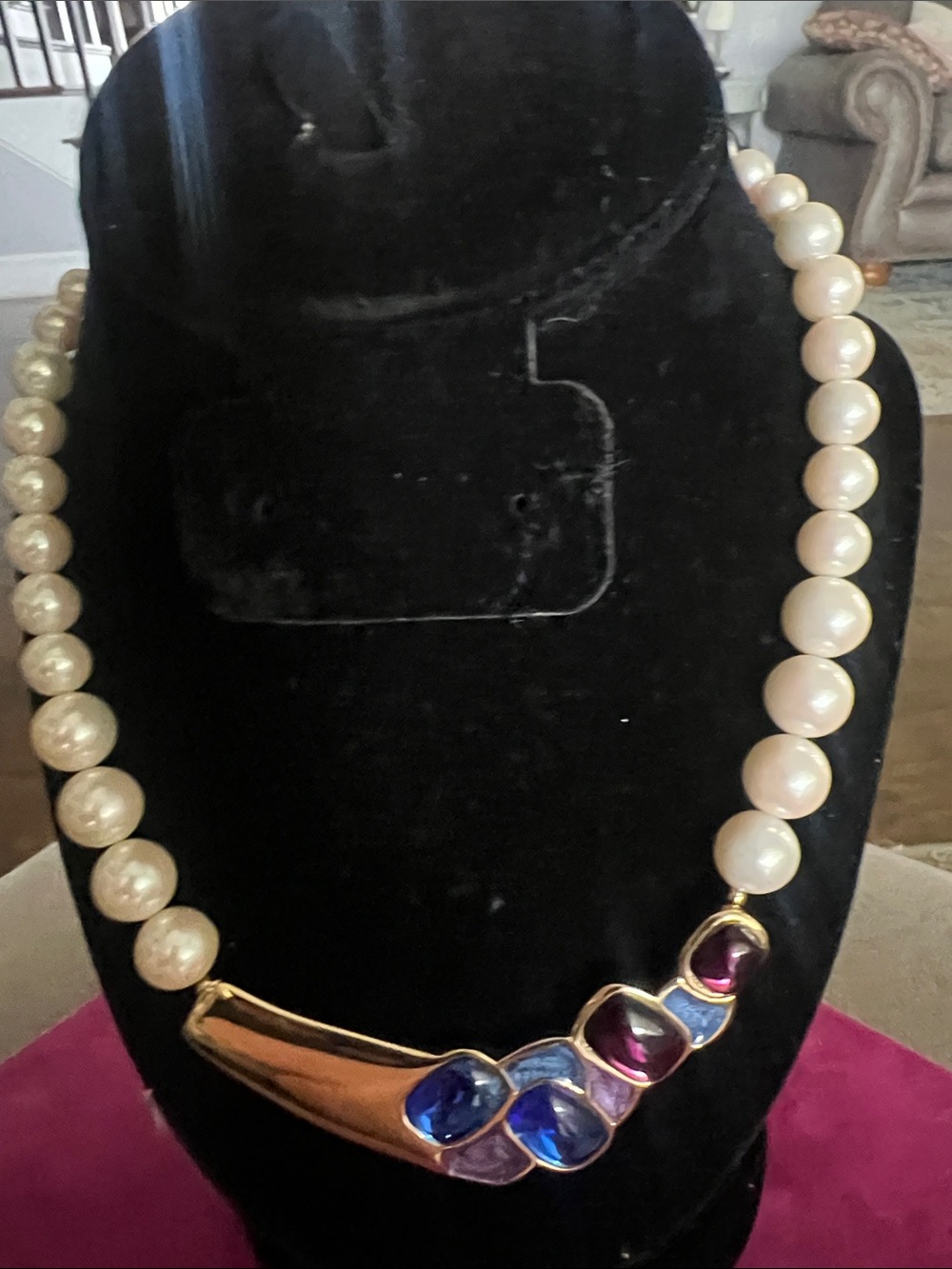Trifari Classic Pearl Bead Necklace with Blue and pink Stones and gold tone bar